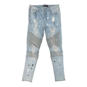 The Rockn Rev Jeans 34R Very Distressed Skinny Rocker Light Wash Blue Jeans - Picture 1 of 8