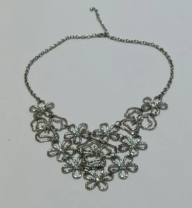 Silver Toned Flower Statement Necklace with Rhinestones 18" 3" extension - Picture 1 of 6