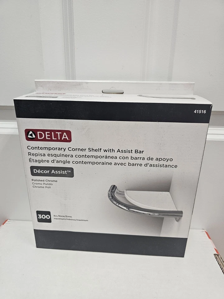 Delta 41516-CZ Corner Shower Shelf with Assist Bar in White And Chrome - New - Image 1 of 3