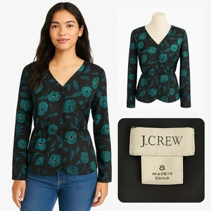 J Crew Womens 8 Floral Button Front Peplum Blouse Black Green V Neck Top - Picture 1 of 13