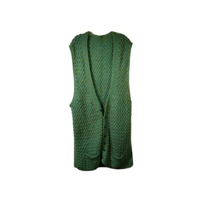 VTG Homemade - Size XL - Crocheted Variegated Green Hippie Long Vest w Pockets  - Image 1 of 4