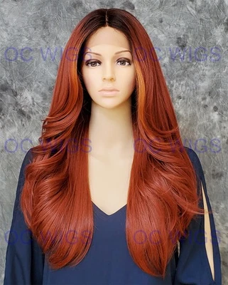 Peluca larga recta calor OK encaje frente mezcla cabello humano castaño rojizo/cobre claro EVFL Foto 1 de 4