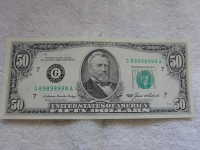 $50.00 (FIFTY DOLLAR NOTE) A RARE, NEW, ONLY 8's and 9,s IN THE SERIAL NUMBER - Image 1 of 2