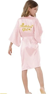 NEW Light Pink "Birthday Girl" Satin Kimono Short Bath Robe Party Girls Size 12 - Picture 1 of 9