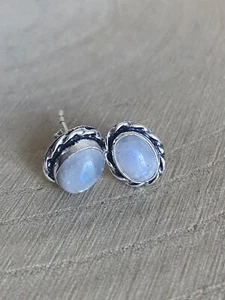 Natural Moonstone Stud Earrings Sterling Silver 925 Plated Oval 12mm - Picture 1 of 4