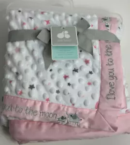 Neu mit Etikett Just Born I Love You To The Moon rosa weiß Elefant Stern Satin Babydecke - Bild 1 von 5
