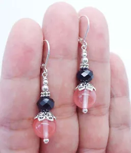 Natural 4x6mm Faceted Black Crystal 8mm Pink Tourmaline Leverback Earrings - Picture 1 of 3