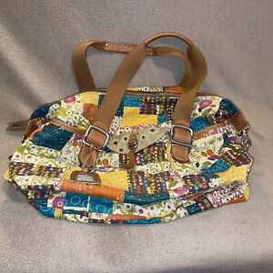 Fossil Large Weekender Canvas Duffle Travel Bag Patchwork Key Charm Gym Tote