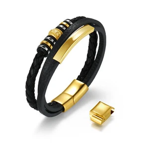 Men's Briaded Leather Beaded Stainless Steel Buckle Custom Bracelet Bangle Cuff - Picture 1 of 22