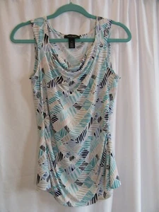 White House Black Market Womens Shirt Cowl Neck Teal Print Tank Top Sleeveless - Picture 1 of 3