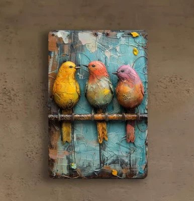 Rustic Wall Decor French Country Vintage 3 Colorful Birds Metal Tin Sign 8x12 - Image 1 of 2