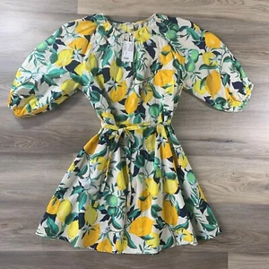 NEW H&M Lemon Floral Print Tie Belt Sun Dress Raglan Sleeves Women's Size Medium - Picture 1 of 13