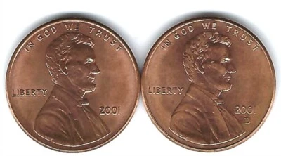 2001 P & D Brilliant  Uncirculated Two Lincoln cent coins! - Image 1 of 2