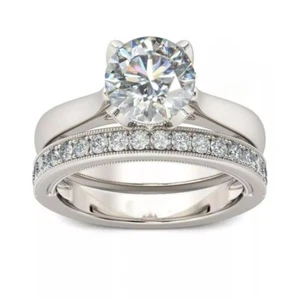 NEW 2 Carat Round Cut Moissanite Bridal Set 2 Engagement Ring 14k White silver - Picture 1 of 7