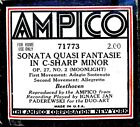 AMPICO Beethoven SONATA QUASI FANTAZJA C-SHARP MINOR 71773 Gracz Piano Roll