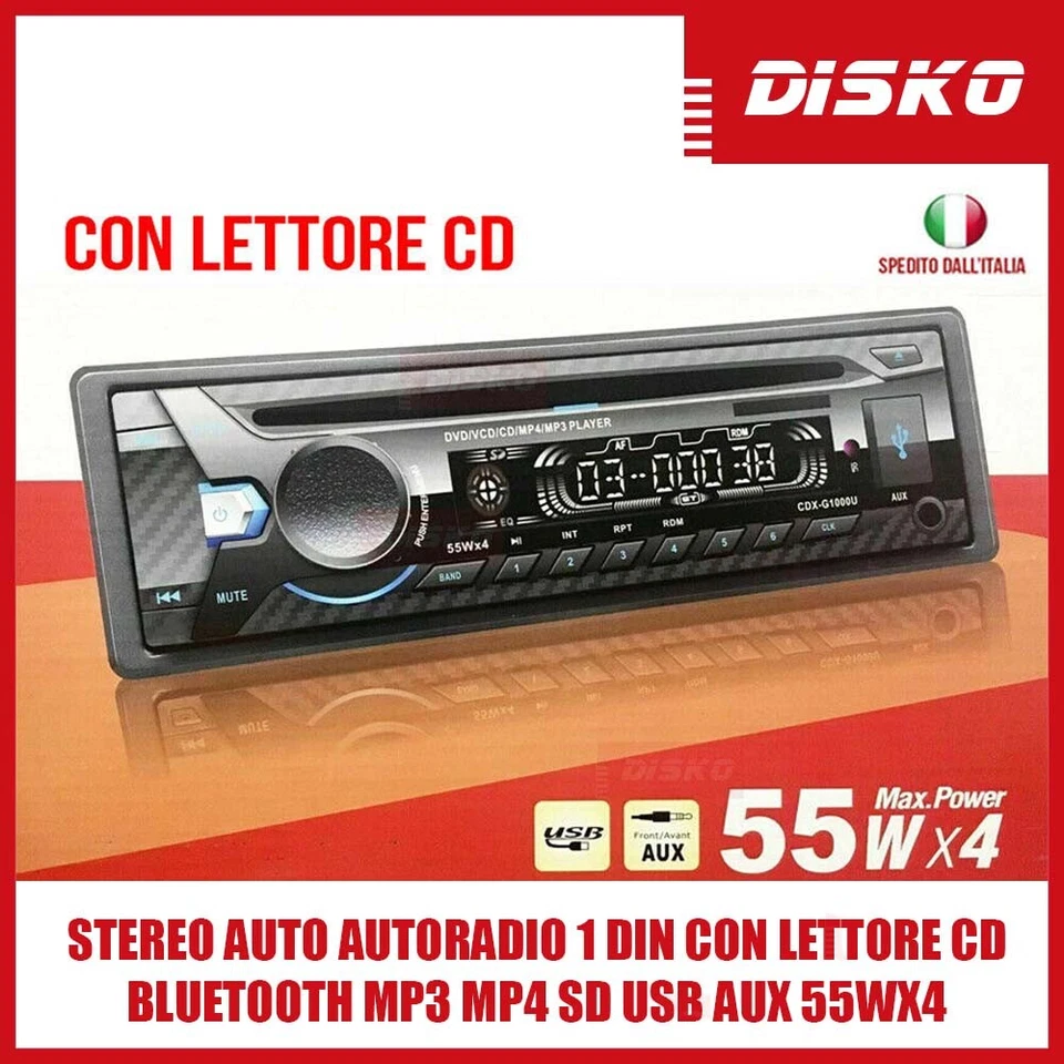 STEREO AUTO AUTORADIO 1 DIN CON LETTORE CD BLUETOOTH MP3 MP4 SD USB AUX 55WX4 - Immagine 1 di 1