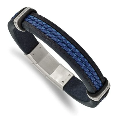 Stainless Steel Polished Blue Leather w/CZ 8in w/.5in ext. Bracelet - Image 1 of 3