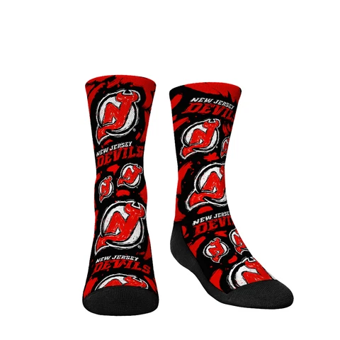 Youth Rock Em Socks New Jersey Devils Allover Logo & Paint Crew Socks Cover
