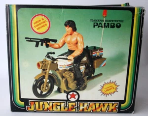 RARE VINTAGE 80'S RAMBO JUNGLE HAWK STALLONE FIGURE + MOTORCYCLE NEW ! - Picture 1 of 9