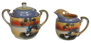 Hotta Yu Shoten Lusterware Creamer Sugar Bowl With Lid Swan Lake Vintage Decor - Picture 1 of 12