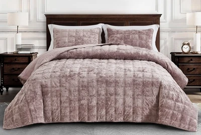 Conjunto de colcha de veludo Chezmoi Collection 3 peças quadrado duplo costurado desgastado - Imagem 1 de 4