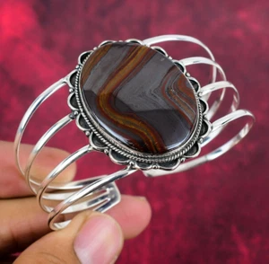 Iron Tiger's Eye Gemstone Handmade 925 Sterling Silver Adjustable Bangle Jewelry - Picture 1 of 5