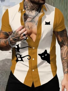 Button Up Short Sleeve Yellow Hawaiian Shirt Black cat pattern Shirt - Picture 1 of 3