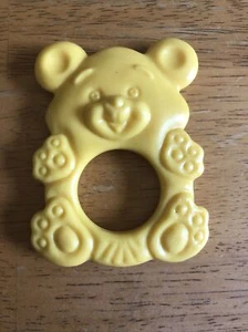 Vintage The First Years 3" Yellow Teddy Bear Baby Rubber Teether Teething Ring - Picture 1 of 5