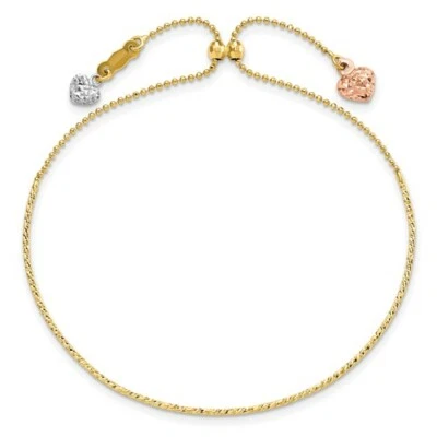 14k White Yellow Pink Tri Color 3 Tone Beaded Adjustable Puffed Heart Bracelet - Image 1 of 4