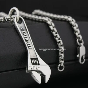925 Sterling Silver Delicate Wrench Mens Biker Pendant 8P008A Steel N 24" - Picture 1 of 8