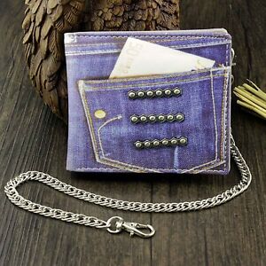 Cool Men's High Quality Biker Wallet Faux Jean Leather Purse with Chain