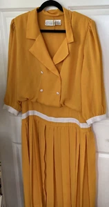Liz Roberts Double Breasted Goldenrod Accordian Pleat Midi Dress 1980s Size 16 - Picture 1 of 8