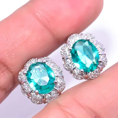 Brinco feito à mão de prata esterlina 925 pedra preciosa de zircônia cúbica e apatita 0,59" E8 - Imagem 1 de 4