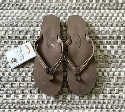 new RAINBOW Swarovski 401 ALTS N Leather Flip Flops Thong Sandals Large 7.5 8.5 - Image 1 of 4