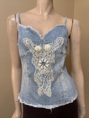 Women’s Light Blue Cotton Denim Casual Summer Stretch Slim Beaded Zip Size M Top - Image 1 of 4