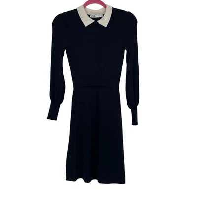 ZARA Women’s Size Small Black Long Sleeve Knit Dress Ivory Contrast Collar - Image 1 of 4