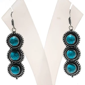 Blue Turquoise Gemstone Handmade 925 Sterling Silver Jewelry Earring Size 2.5" - Picture 1 of 2