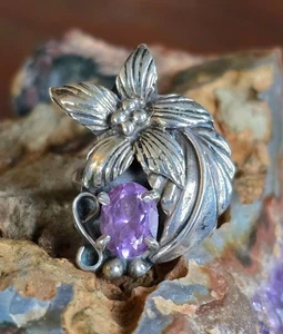 VTG Art Nouveau Sterling Silver Amethyst Floral Ring Size 5.5 Etched Details - Picture 1 of 7