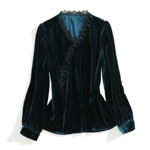 Mujeres Terciopelo Encaje Camisa Blusa Prendas para el torso Pullover Cuello en V Manga Larga Retro Suelta - Imagen 1 de 10
