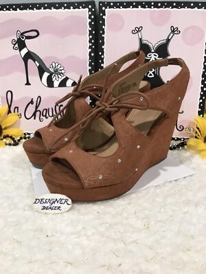 Zapatos de cuña de tacón alto con corbata marrón estornino Yellow Box talla 7,5 ¡En muy buena condición! Foto 1 de 4