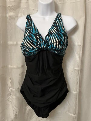 Traje de baño Dana Buchman de una pieza negro blanco turquesa talla 14 usado en excelente estado Foto 1 de 4