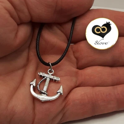 Collana nera con ciondolo ANCORA Argento Portafortuna tipo caucciu da Uomo Donna - Immagine 1 di 4