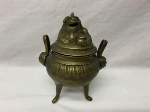 Antique Asian Brass Foo Dog Double Faces on Handles Incense Burner Rare Design - Picture 1 of 8