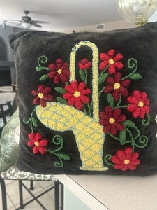 Vintage Crewel Embroidered Black Velvet/Satin Basket Flowers Pillow - Picture 1 of 5