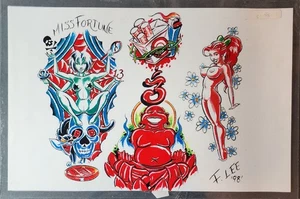 Vintage 1997 Frank Lee Traditional Style Tattoo Flash Sheet Shop Used Buddha - Picture 1 of 9