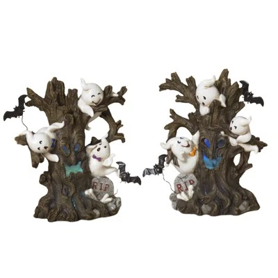 THE GERSON COMPANIES Gerson 8" Lighted Resin Halloween Haunted Spooky Tree w/ Ghosts & Bats