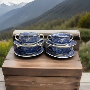 Juego de 4 cuencos y platillos sopa crema Copeland Spode Camilla 5" años 50 de colección, azul, usados en excelente estado - Imagen 1 de 11