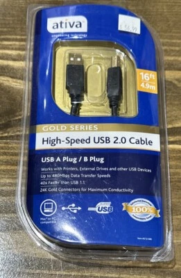 Ativa 16ft 4.9m Gold Series High Speed USB 2.0 Cable A & B Plug 735854333164 New - Image 1 of 2