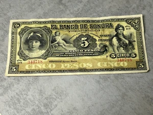 Bank Note DN(1897-1911) Banco de Sonora Mexico 5 Pesos Advertising Overprint - Picture 1 of 6