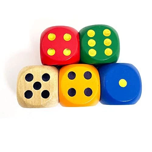  Set of 5 Random Color Large 1 1/5" Round Edge Wooden Dice (5 Colors with dots)  - Image 1 of 4
